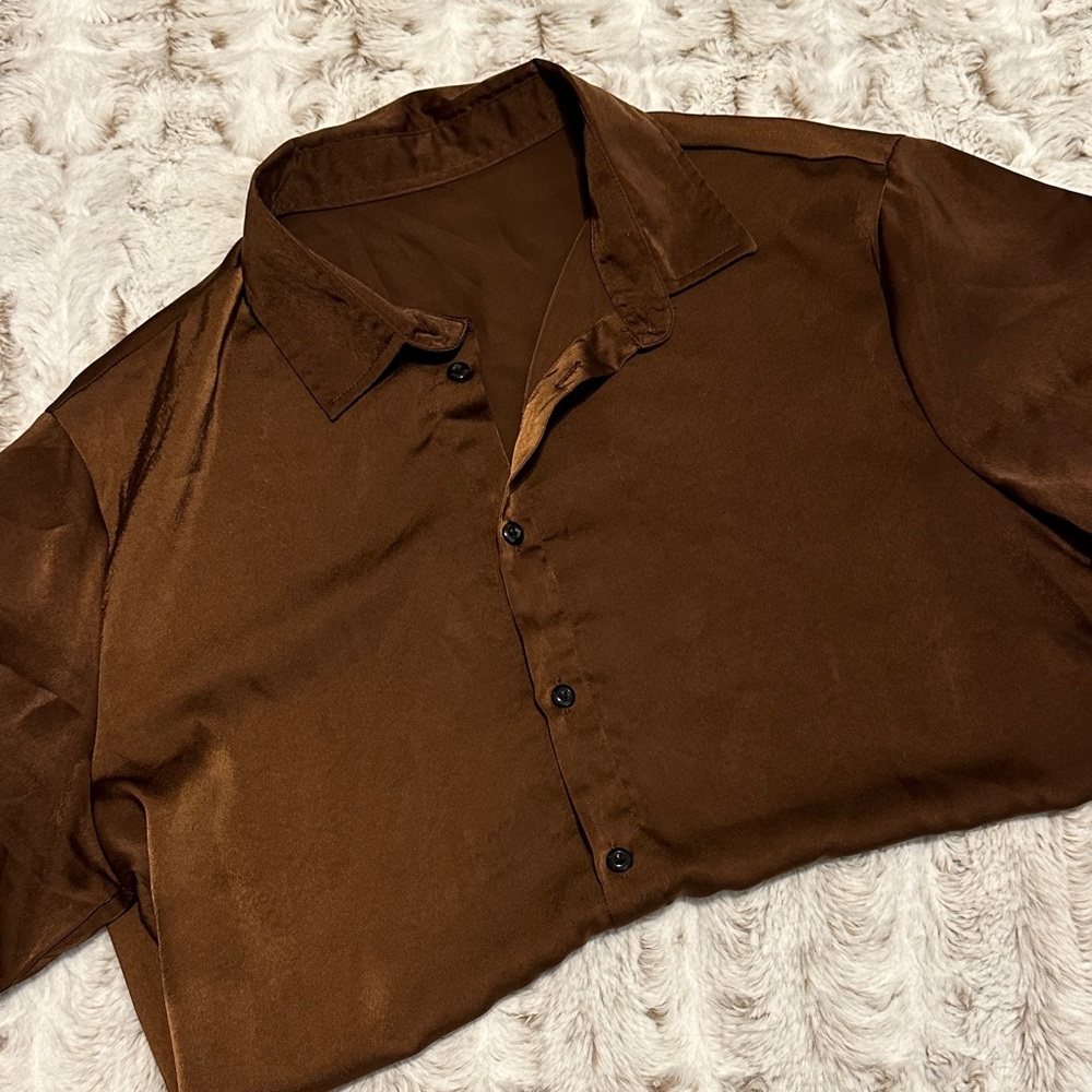 SHEIN Brown Satin Button-Up Shirt